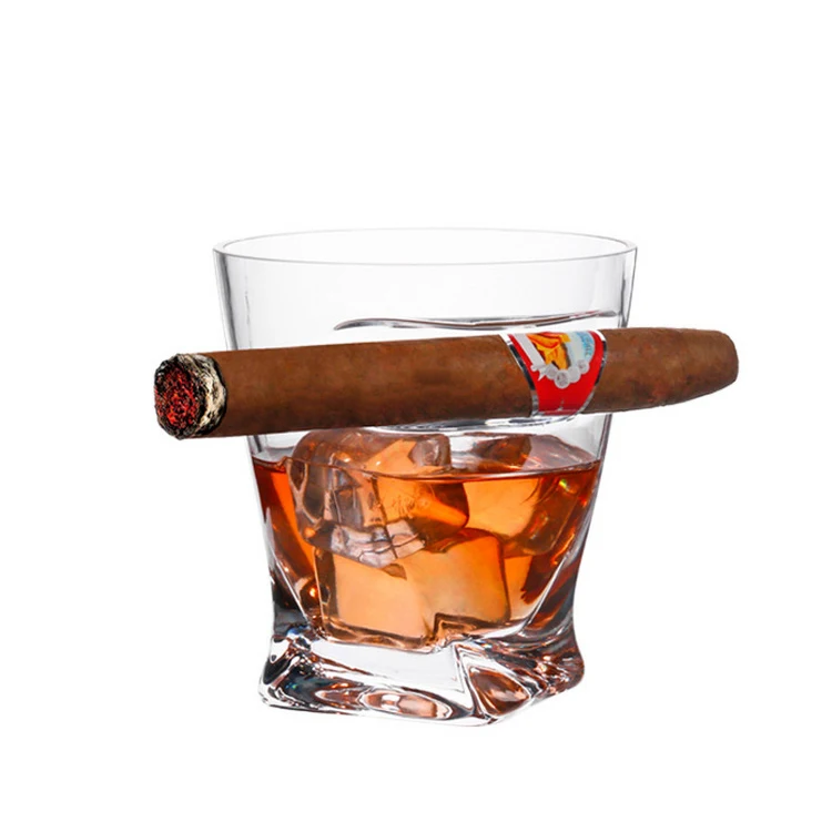 

European Creative Shaped Father's Day Gift Cigar Cup Lead-Free Crystal Whiskey Glass With Cigar Glass Holder