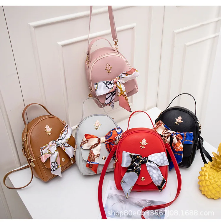 

Hot sale trendy mini flower decoration luxury backpack girl small backpack with bow scarf, Customized color