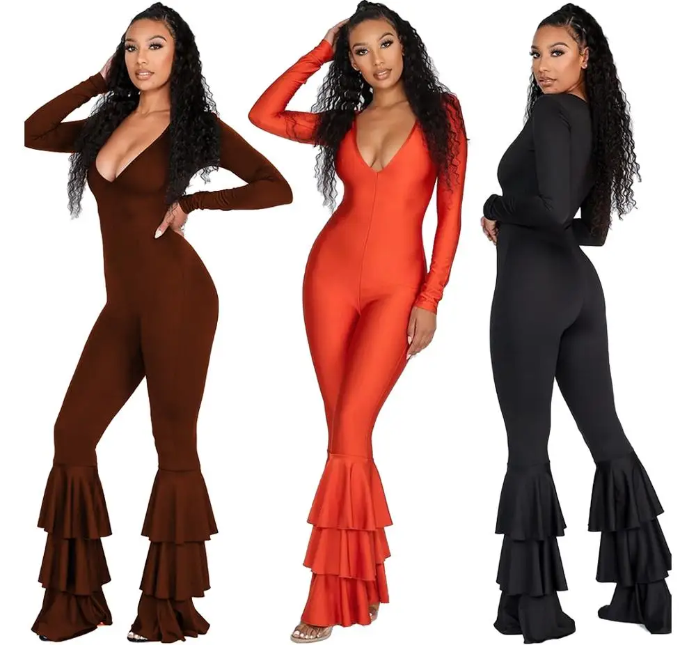 

Long sleeves casual solid color ruffled bodycon one piece jumpsuit sexy women clothing FM-SM9062, As picture