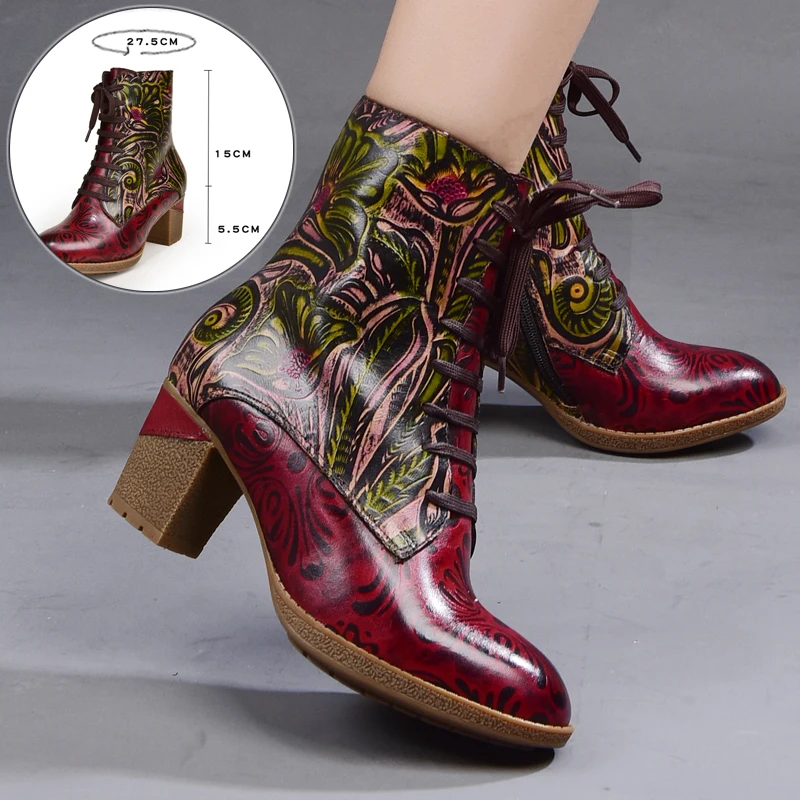 
Socofy Embossed Cowhide Leather Handmade Heels Ankle Shoes Women Martin Boots 