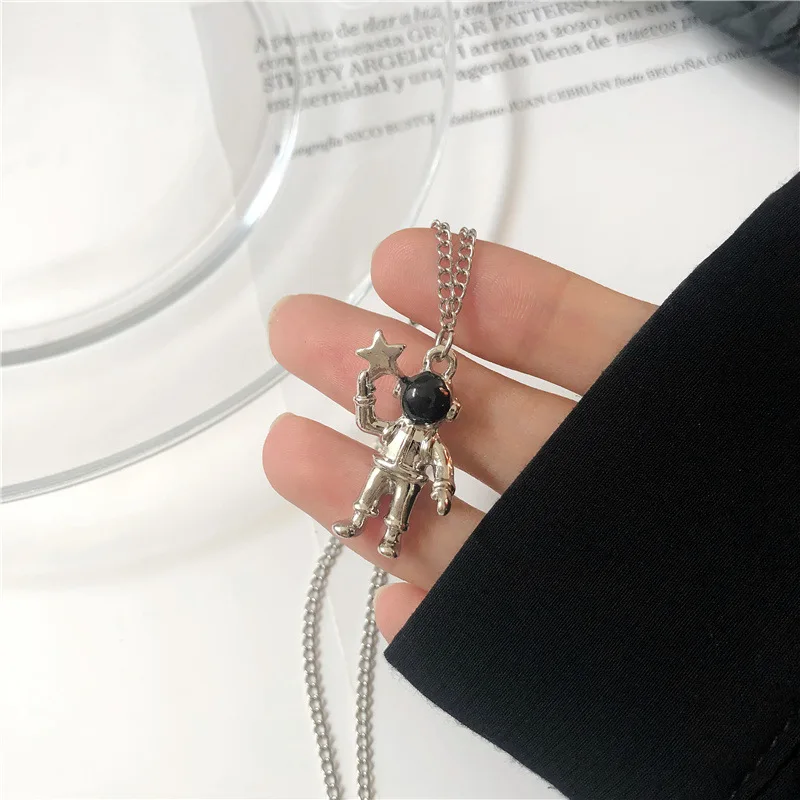 

JUHU New astronaut hip hop jump di sweater necklace fashion cartoon necklace metal alloy jewelry for women set, Sliver