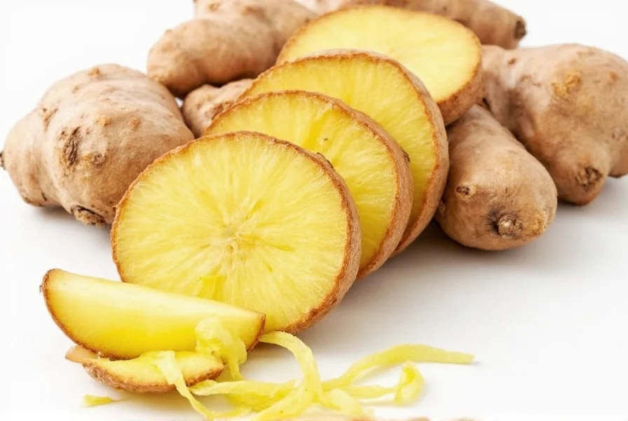 Fresh ginger root on cutting board with measuring spoon