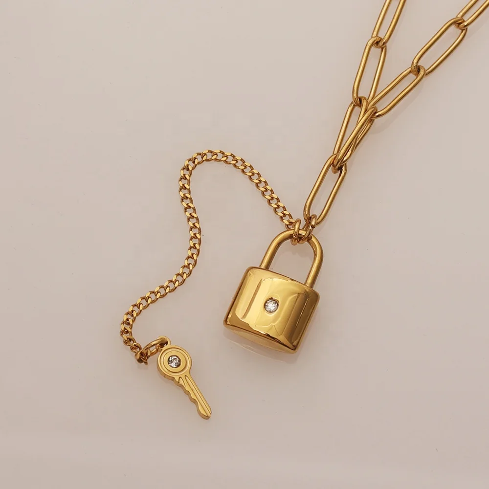 

Minimalist Stainless Steel Fine Jewelry Waterproof Tarnish Free CZ Lock and Key Necklace 18K Gold Dainty Lock Pendant Necklace