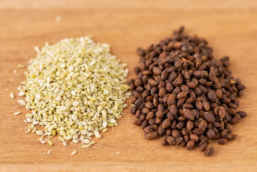 Close-up comparison of fennel seeds and anise seeds side by side on wooden cutting board