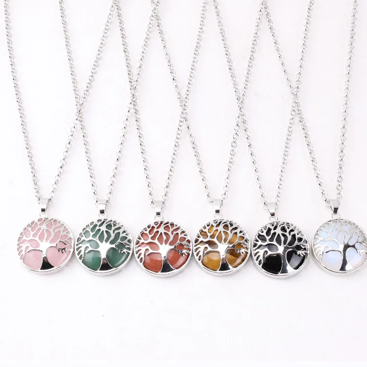 

Hot sale women Tree of Life Pendant necklace female fashion Personality cutout Peace tree Necklace wholesale Natural stone