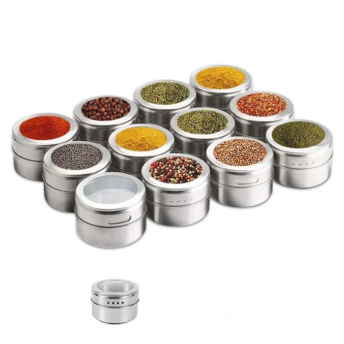 

Kitchen Stainless Steel Seasoning Spice Tins Containers 4/6/8/10/12pcs Easy-Clean Rust-Free Magnetic Spice Jar, Silver