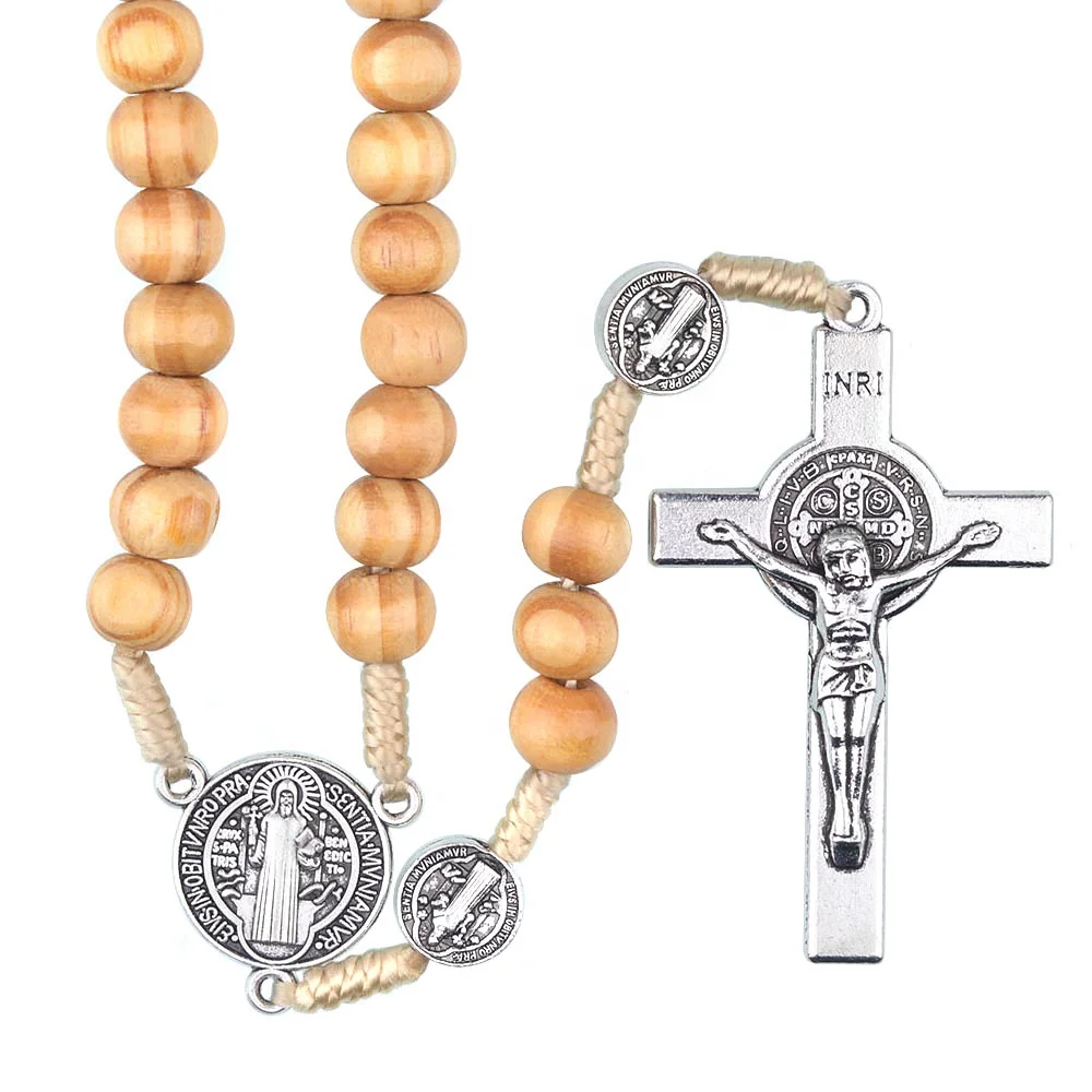 

Pine Wood 8mm Beads St Benedict Rosary on Cord Catholic Cross Necklace Religious Rosaries