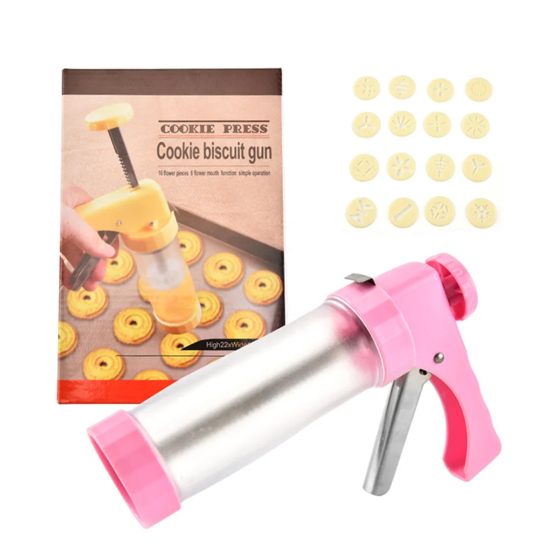 

Cookies Press Gun Kit Set Biscuit Maker Machine with 16 Discs and 6 Cake Decoration Tips Biscuit Make Machine, Pink