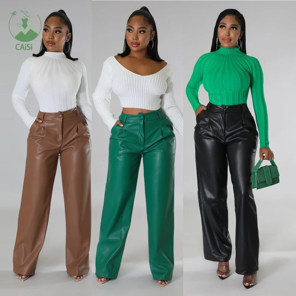 New Pu Leather Women's Pants Streetwear Casual Solid Loose Wide Leg Trouser With Pockets Women's Clothing 2025