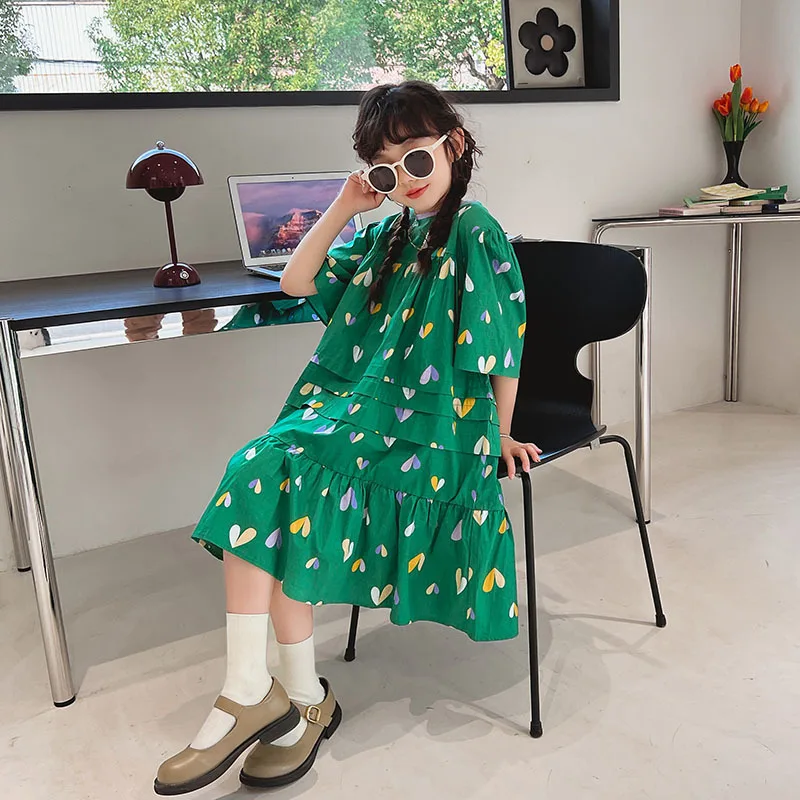 

2022 summer big girls oversize dresses toddler child green flower print clothing casual outfit 22MX38059