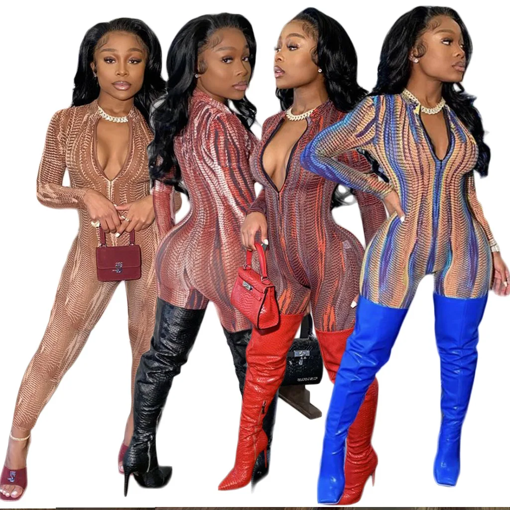 

Casual One Piece Jumpsuit 2021 Fall Print Long-sleeved Clothing 2021 Popular V-neck Jumpsuit Jogging Set Women's Home Jumpsuit