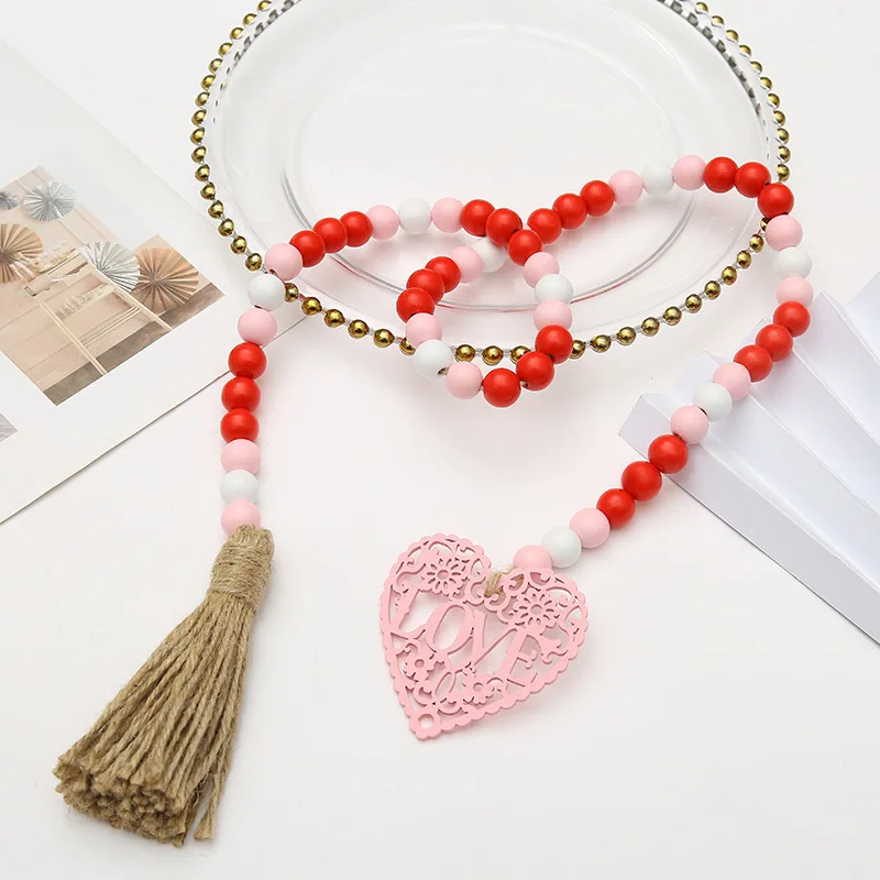 

Valentine's Day Gift Wooden Beads Tassel Garland Wall Hanging Heart-shaped Pendant Home Decoration