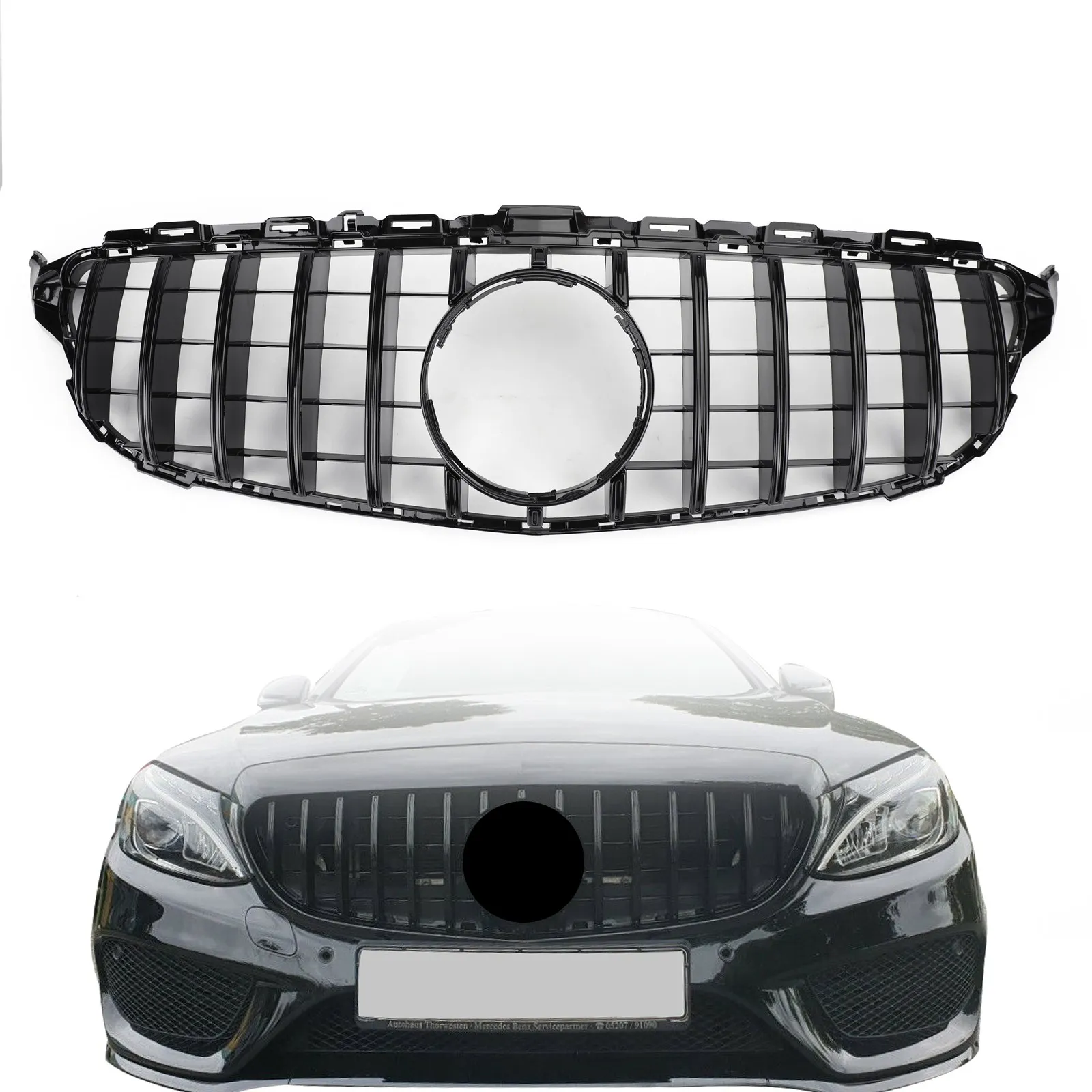 

Areyourshop GTR Style With Logo Front Bumper Grill Grille For Mercedes-Benz W205 C250 C300 C43 2015-2018 Without Camera