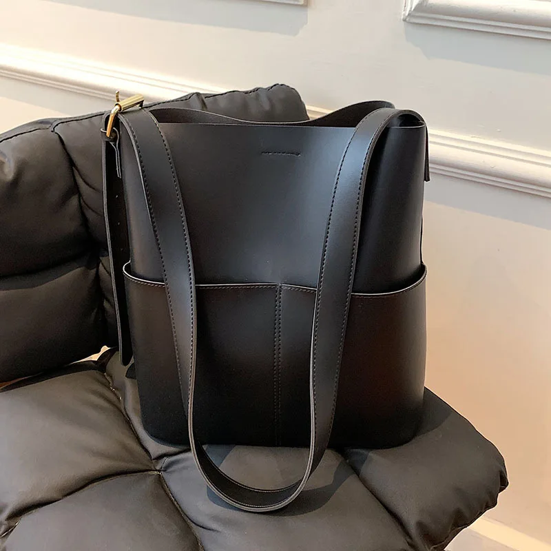 

Good Quality solid color fashion casual simple leather canvas tote bag all match leather tote bag