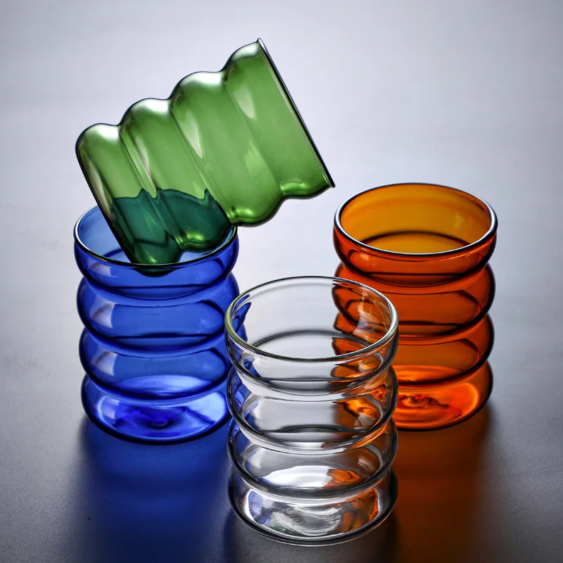 

Custom Blown Colored Borosilicate Ripple Glass coffee Mugs Cups for Wine Juice, Clear/green/brown/blue