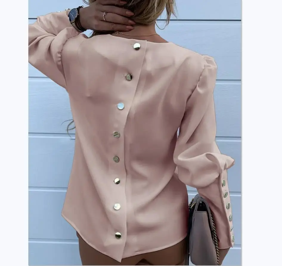 

Plus Size Round Neck Metal Button Long Sleeve Women Blouses And Tops Lady