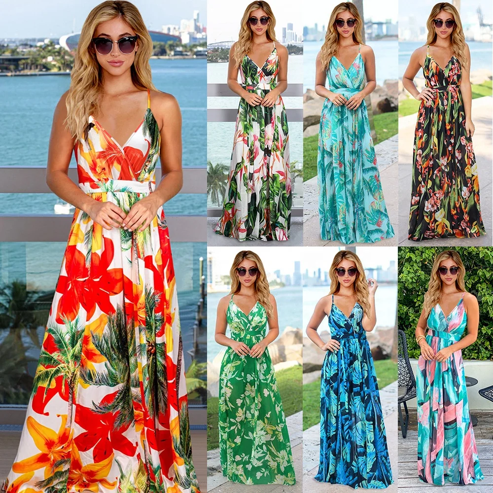 

New Dress Floral Sling Long Women's Plus Size Boho Dress 2021 Spring and Summer Elegant Casual Dresses Sexy Loose Simple Hedging, As shown