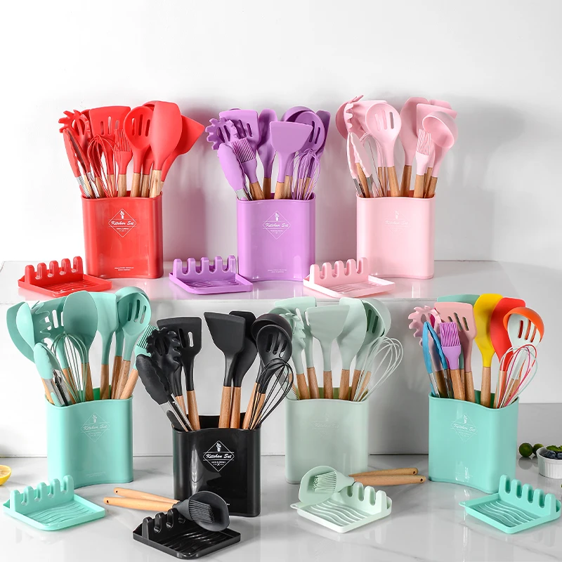 

Silicone utensils set of 12 pieces with non-slips storage bucket, Picture