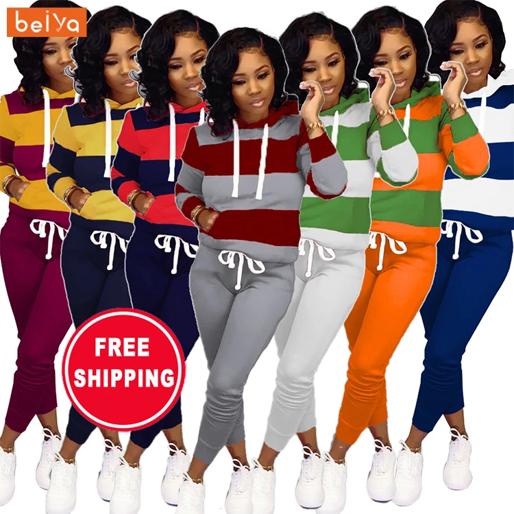 

2 Piece Set Spring Autumn Women Tracksuit Sweatshirt Print Hoodies+Pants Sportswear Women's Sports Hooded Set, Wine red gray, red blue, yellow blue, orange green