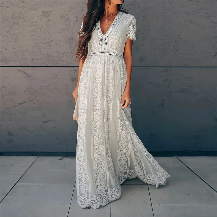 

V-neck Lace Dress Retro Crochet Embroidery White Long Evening Dress Beautiful Chiffon Evening Dress Women's Clothing, Different colors and support to customized