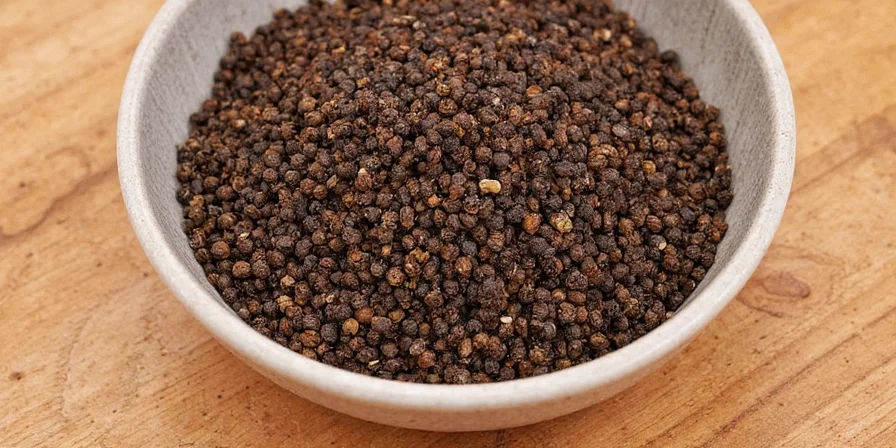 Cracked pepper seeds next to a mortar and pestle