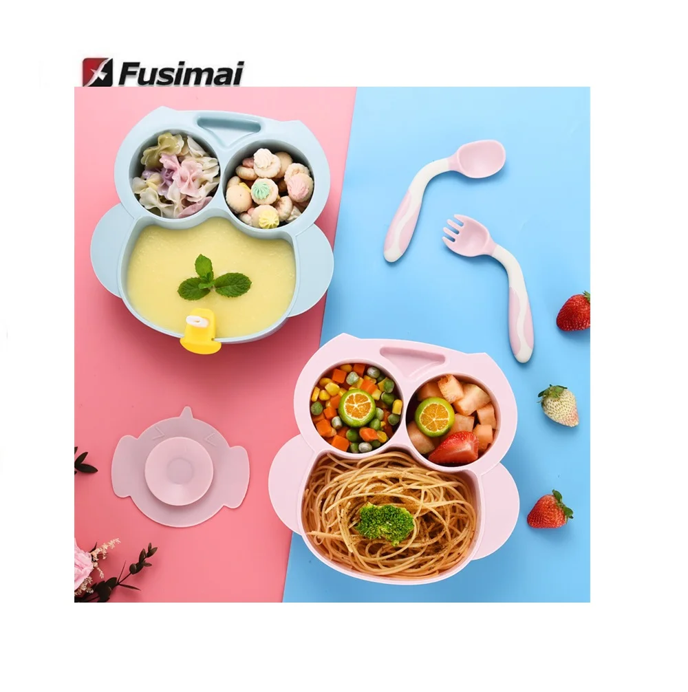 

Fusimai Hot Food Grade Children'S Plate Plastic Feeding Owl Dividing Suction Baby Plate