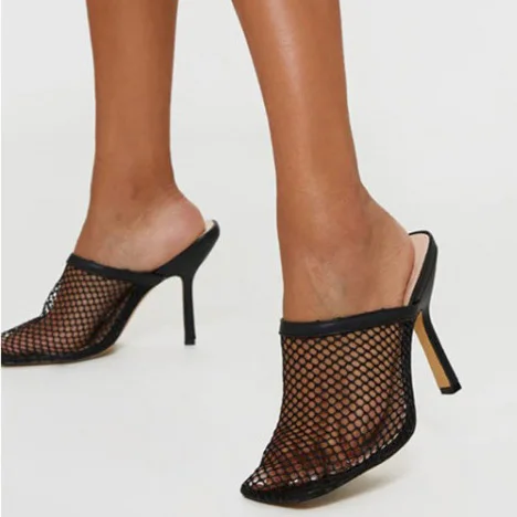 

Breathable Mesh Upper Big Size 43 Sandals Women Slip on Square Toe Female Slide Shoes Fishnet Fashion Trend Ladies Slippers, Black,nude
