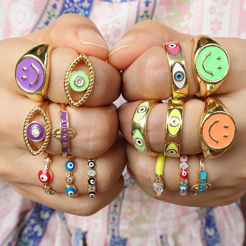 

2022 New customize Dainty finger ring Trendy women jewelry gold plated adjustable enameled smile face evils eye ring, Multi