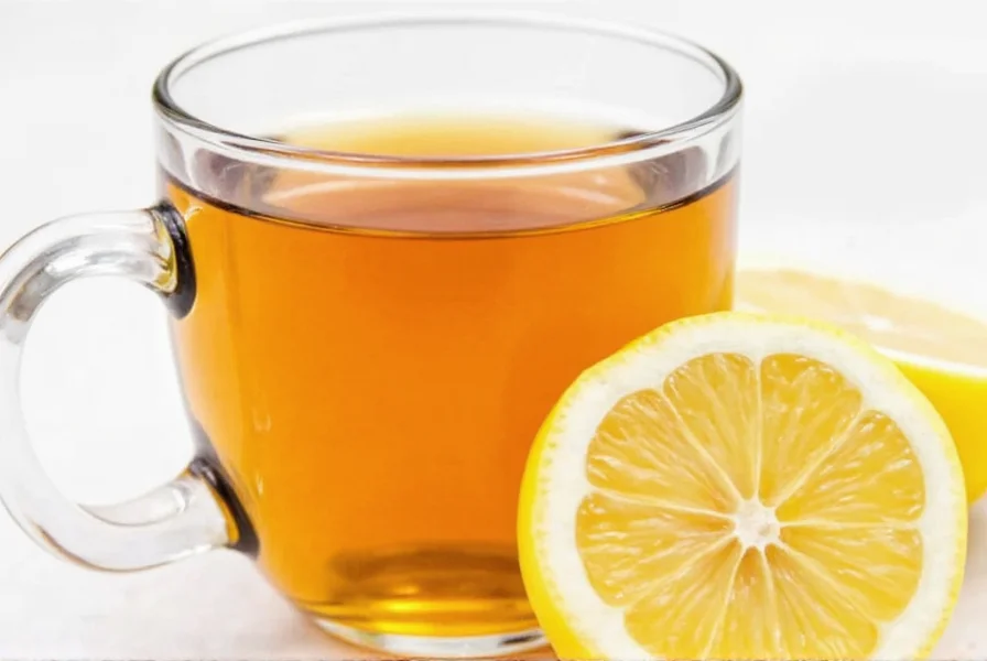 Fresh ginger slices steeping in clear teapot with lemon slices and honey jar nearby