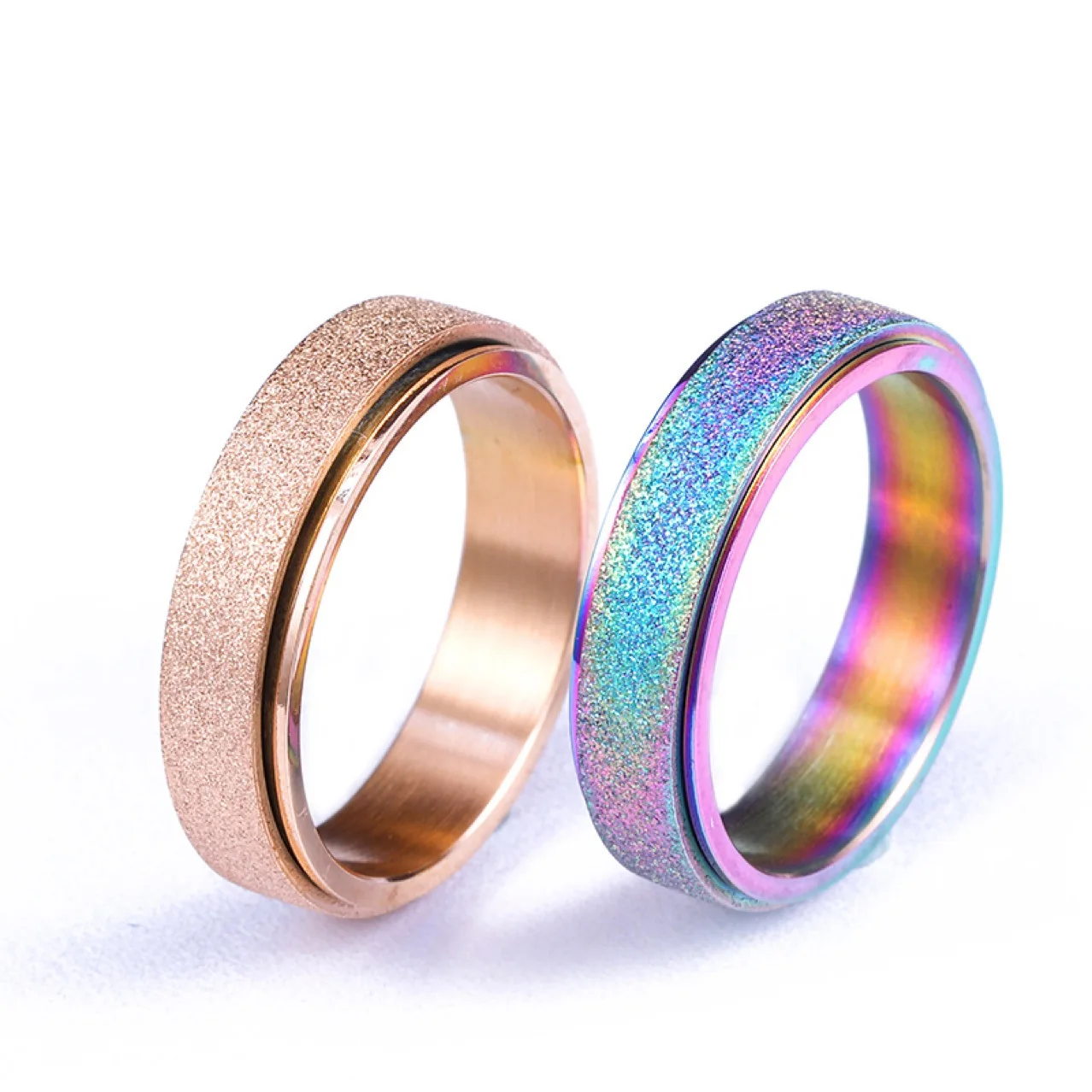 

European 6MM Matte Rainbow Color Titanium Steel Spinner Ring Sand Blast Glitter Finish Titanium Steel Rotatable Ring