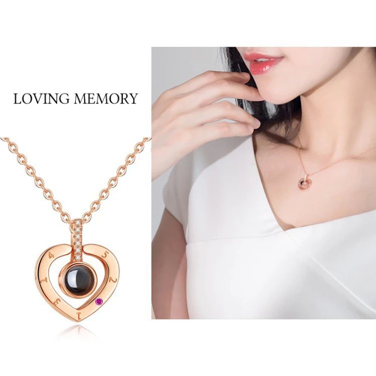 

Mothers day gifts jewelry Heart Pendant Necklace 100 Languages I LOVE YOU The Memory Of Life Necklace For Lover, Rhodium/rose gold