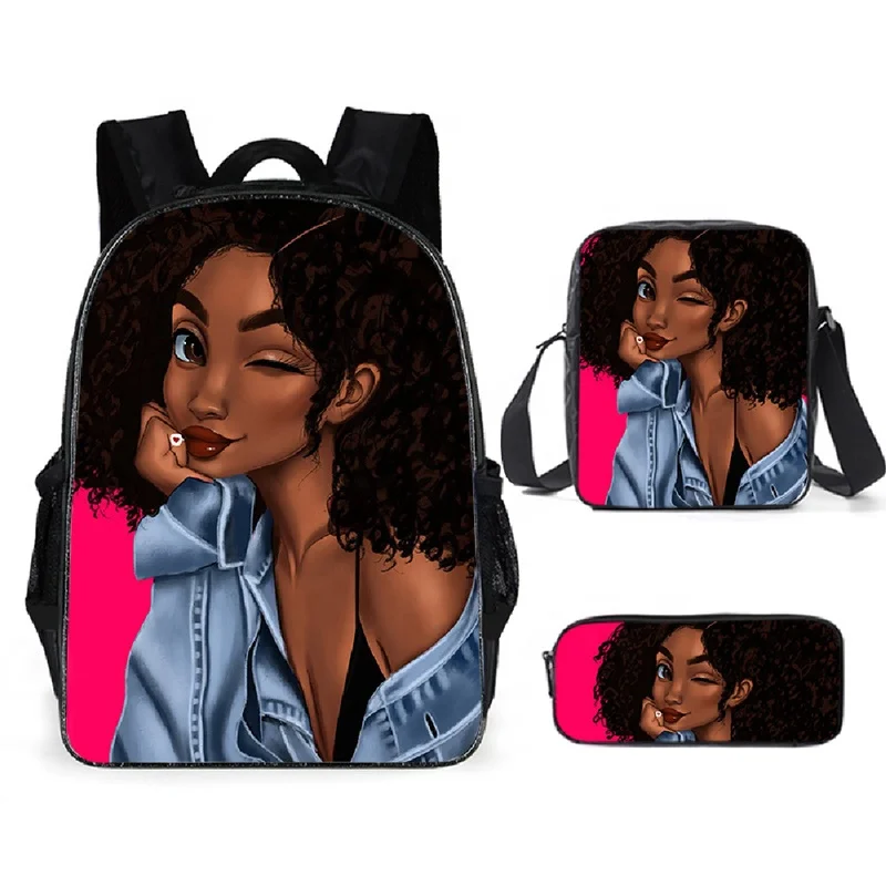 

Low MOQ Fashion Black Art African Girl Printing 3pcs Set for Kids Back to School Bag Boys Girls Book Bags Custom Backpack
