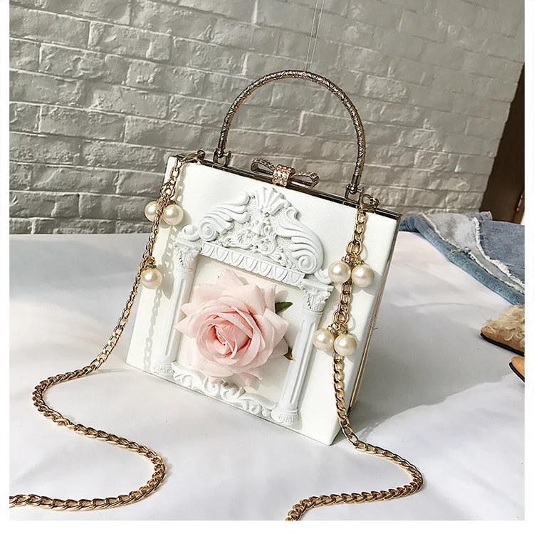 

2021 Fashion Luxury Vintage Baroque Angel Embossed Square Women Pearl Evening Bags Strap Hand Bags Ladies Sac A Main Bolso, White black pink blue