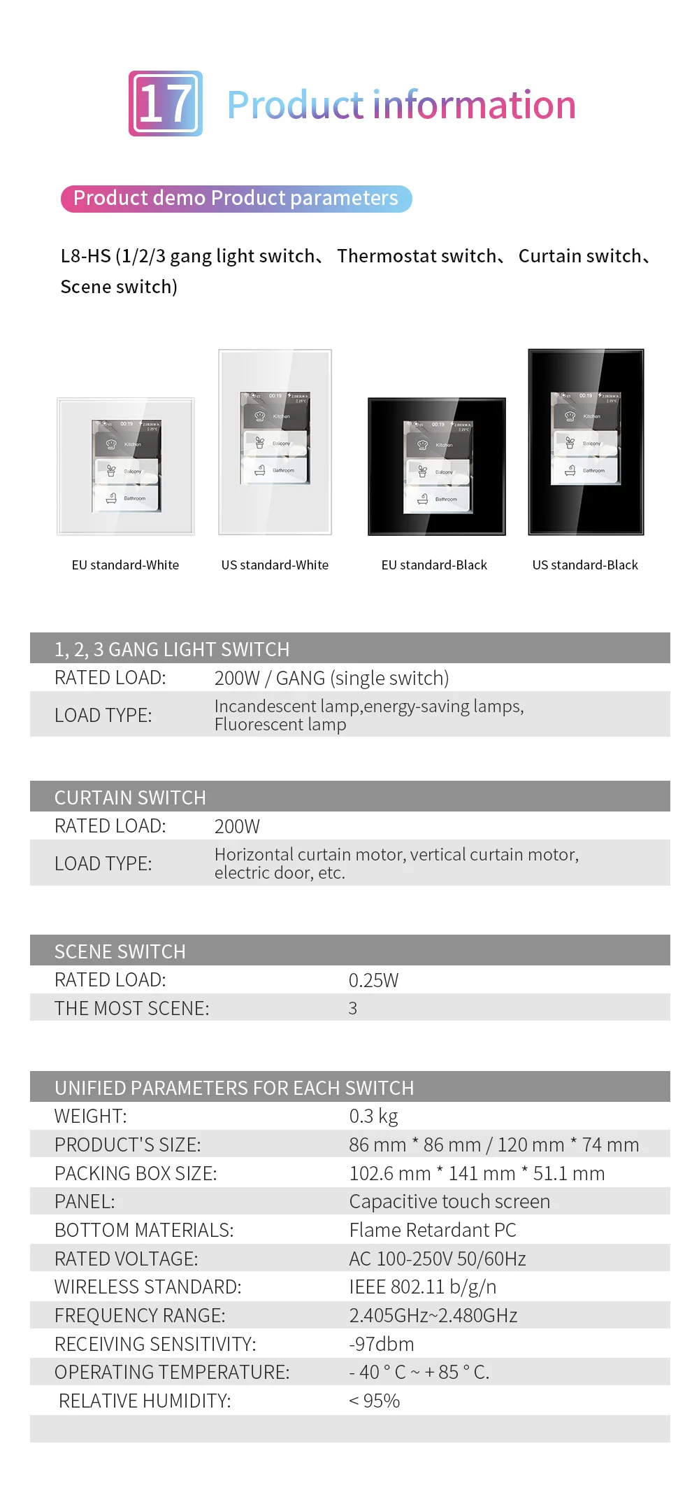 Lanbon WIFI Light Switch L8 LCD touch Screen Smart Switch with power consumption functions