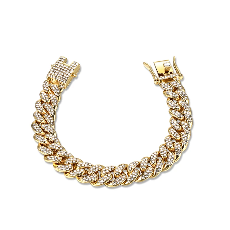 

2021 Super September Hot Selling Hip Hop Rock Gold Plated Jewelry 12mm Iced Crystal Miami Chunky Cuban Link Chain Bracelet