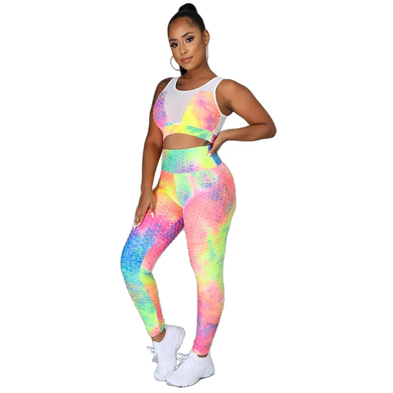 

RaHB962 two piece set women sexy yoga wear sleeveless top+pants girls printed sportswear workout suits, Shown