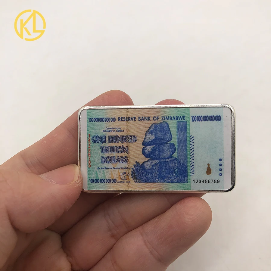 

Beautiful 24K Gold plated One Hundred Trillion Metal Blue Bar Zimbabwe Banknote Coins for game playing prop money, Pure gold/colored gold/silver