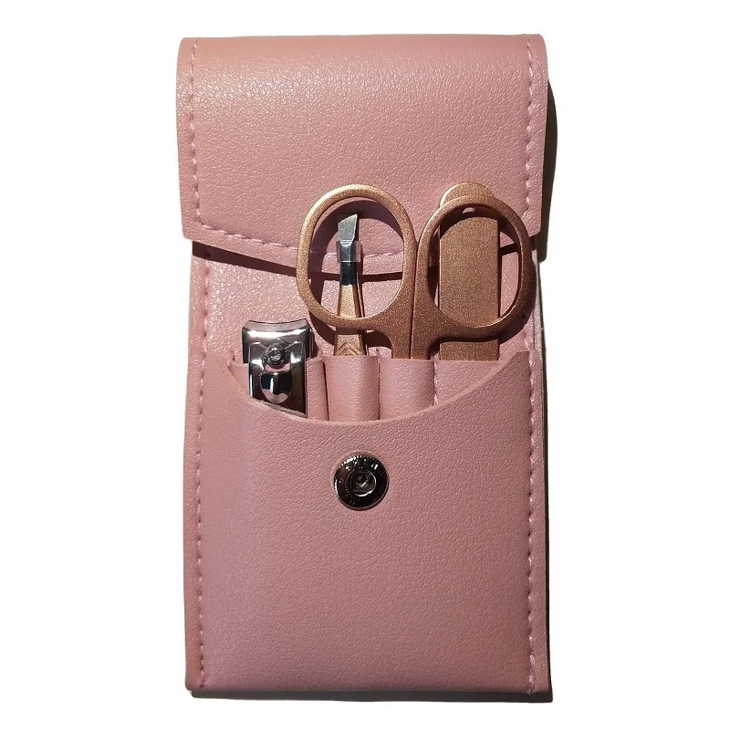 

Factory Private Label 4pcs Pink Mini Manicure Set Kit Rose Gold 4 piece Nail Clippers Care Tool Kit With Portable Leather Pouch