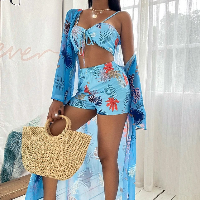 

Best Selling Pleat Bodysuit Sling Swimsuit Three Pieces V Neck Wrap High Waist Floral Bathing Suits Bikini Cover Ups Women