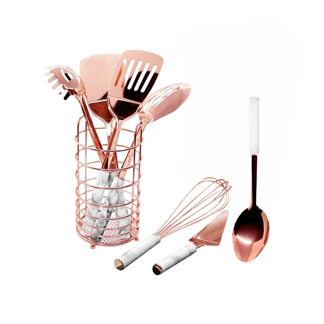 

Cooking Utensil Set 8 Piece Stainless Steel Marble Handle Rose Gold Kitchen Utensil Set With Holder