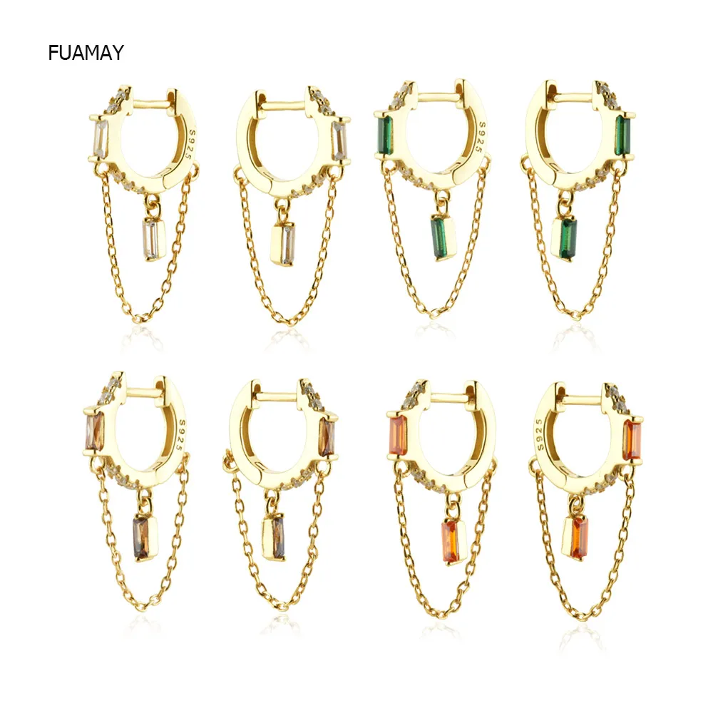 

FUAMAY Minimalist American CZ Hoop Earrings 18k Gold Lilas Flirt Zircon Green Baguette Chain Earring Studs