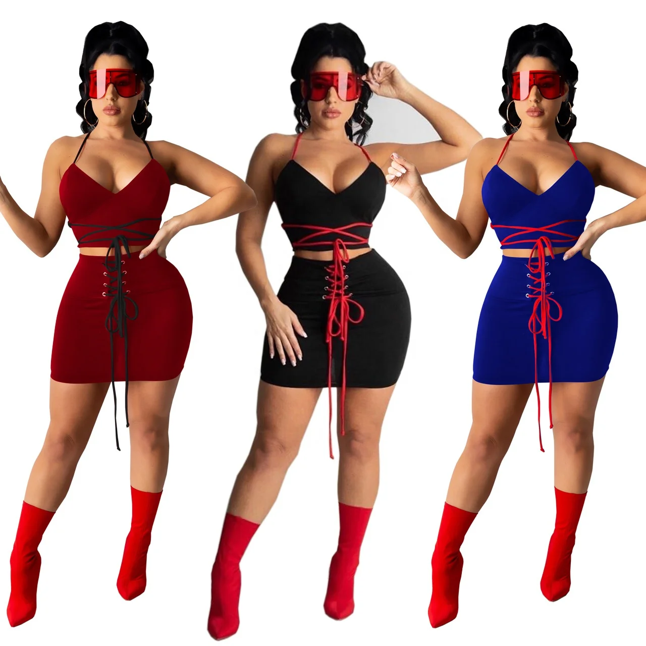 

Women'S Wear Sets Womens Clothing New Sling V-Neck Bandage Sexy Skirt Two Piece Set