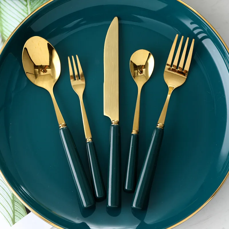 

Forest Green Gold Western High Grade 304 Stainless Steel Flatware Set Chopsticks Metal Fork And Knife Cutlery Set Dinnerware