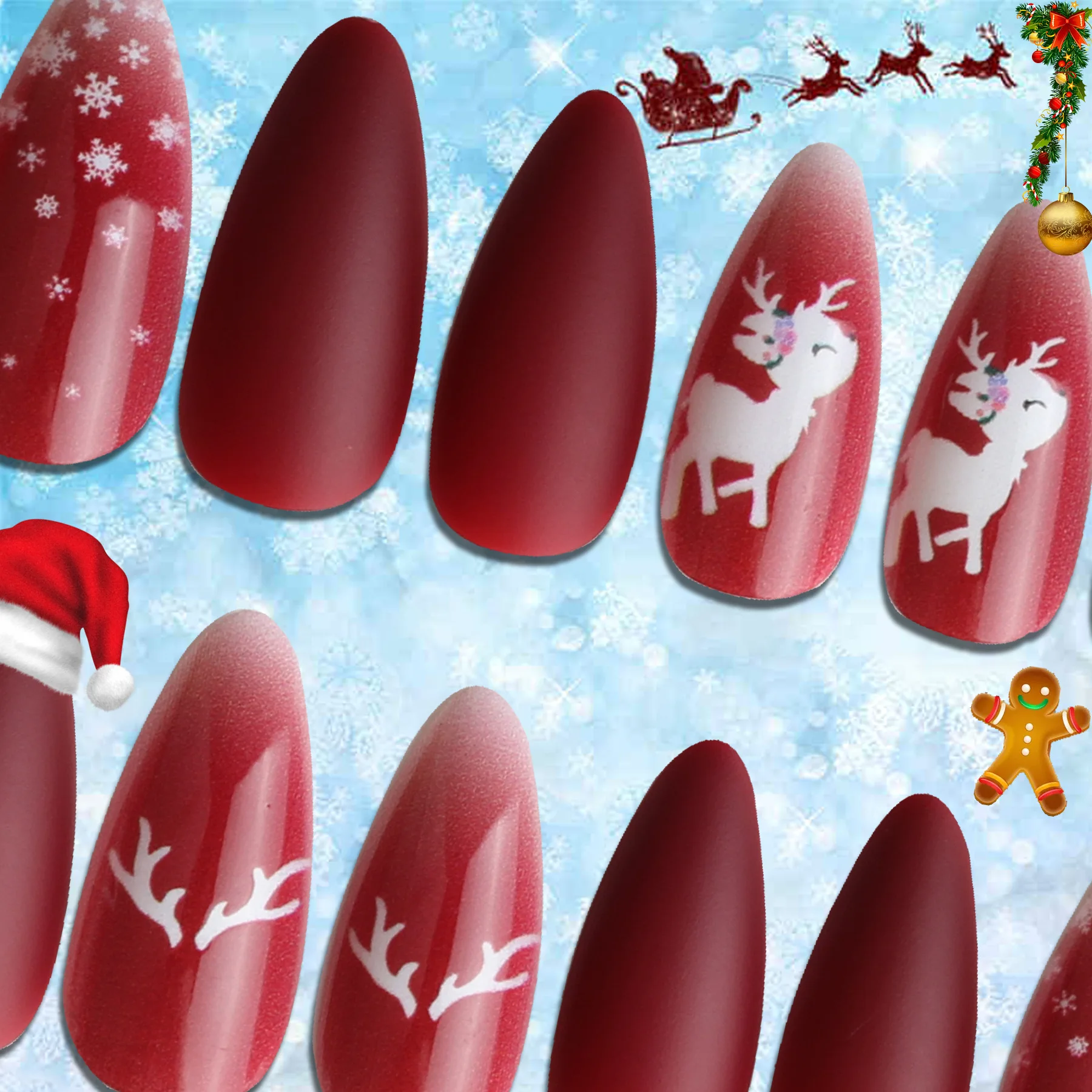 

24pcs Red False Nail Christmas Deer Print Long Almond Nail Wearable Artificial Fingernails