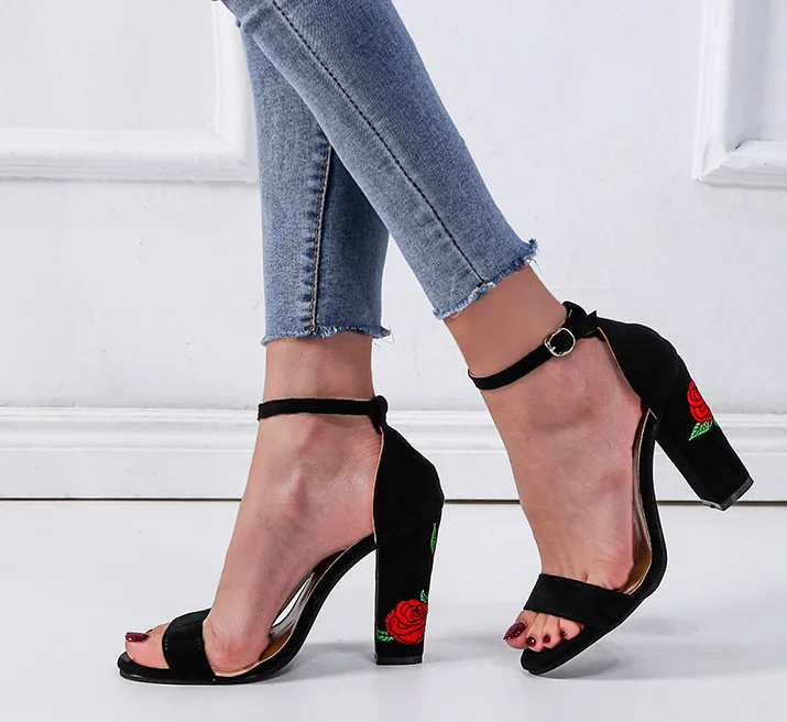 

PDEP new designer low MOQ roses elegant peep toe high heels for women fancy buckle strap heels sandals shoes for ladies