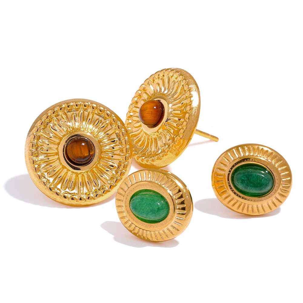 

JINYOU 1577 Best Selling Green Agate Earrings Stainless Steel Gold Plated Jewelry Natural Stone Stud Earrings for Women