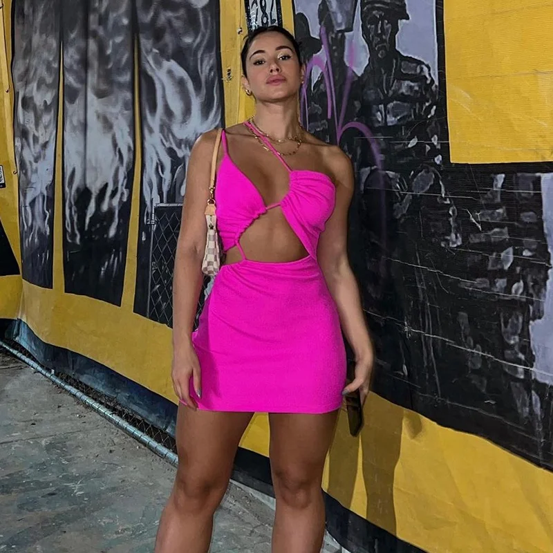

KKBEIER BR22Y069 Spring new birthday party bandage skirt sexy dress hollow out one shoulder sling skirt