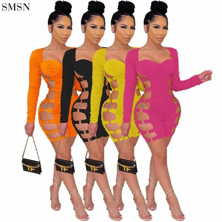 

Club Wear Long Sleeve Solid Color One Piece Romper Short Women Bodycon Sexy Hollow Out shorts Jumpsuit
