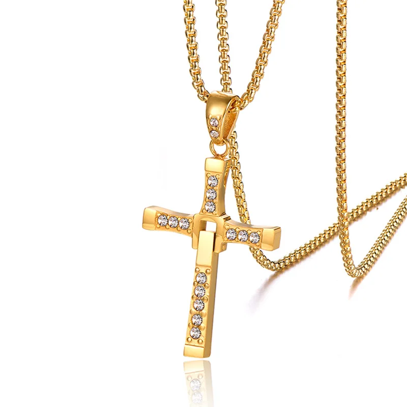 

Personality Retro Stainless Steel Cross Zircon Pendant Gold Chain Link Necklace For Men