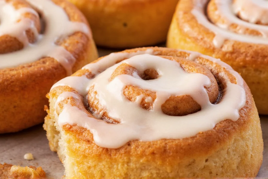 Close-up photography showing detailed texture of cinnamon roll swirls, caramelized edges, and cream cheese icing absorption